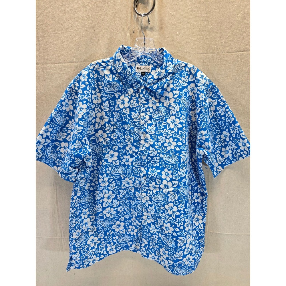 Lifeway Outrigger Island Mens XL Blue White Tropical Floral Button Down Shirt